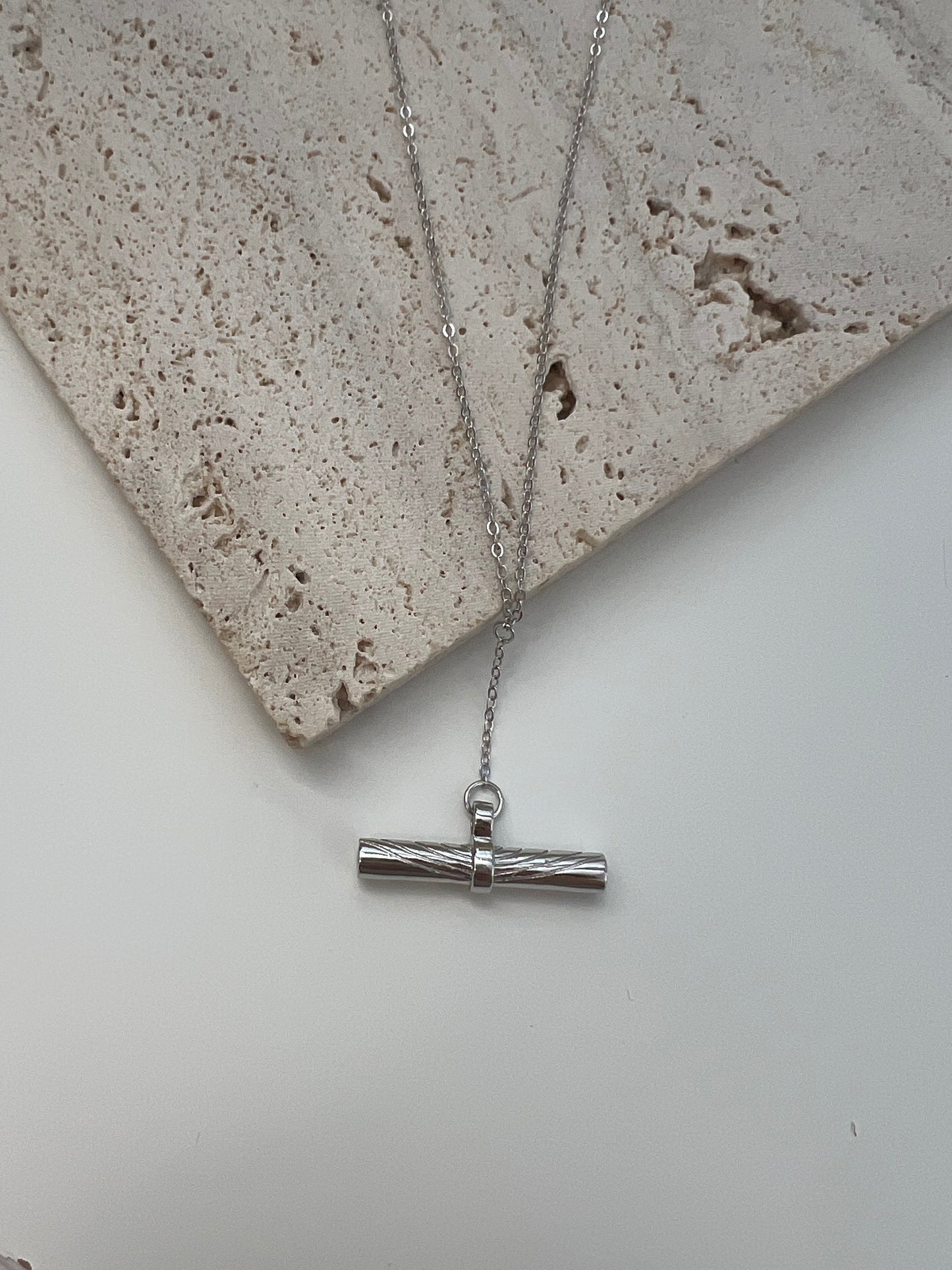 Sterling Silver Etched T-Bar Pendant Necklace