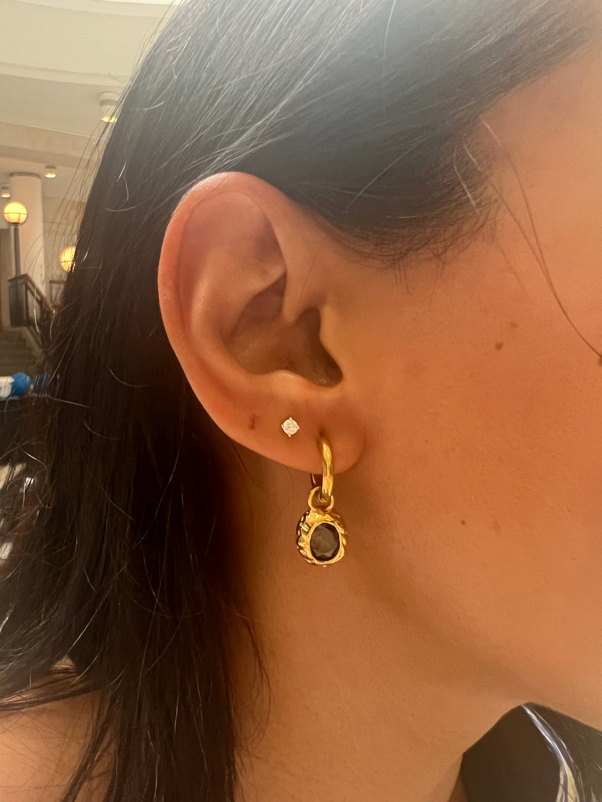 Hammered oval gem hoops