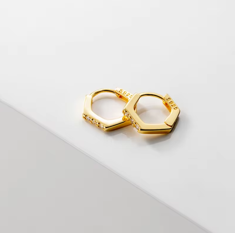 Hexagon gem huggie hoops gold side view