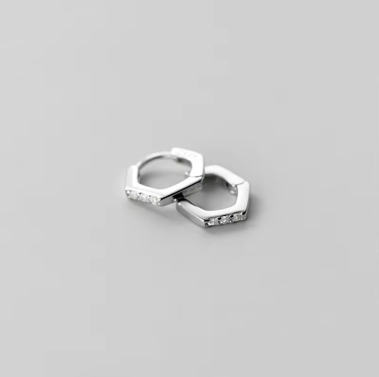 Hexagon gem huggie hoops silver side view