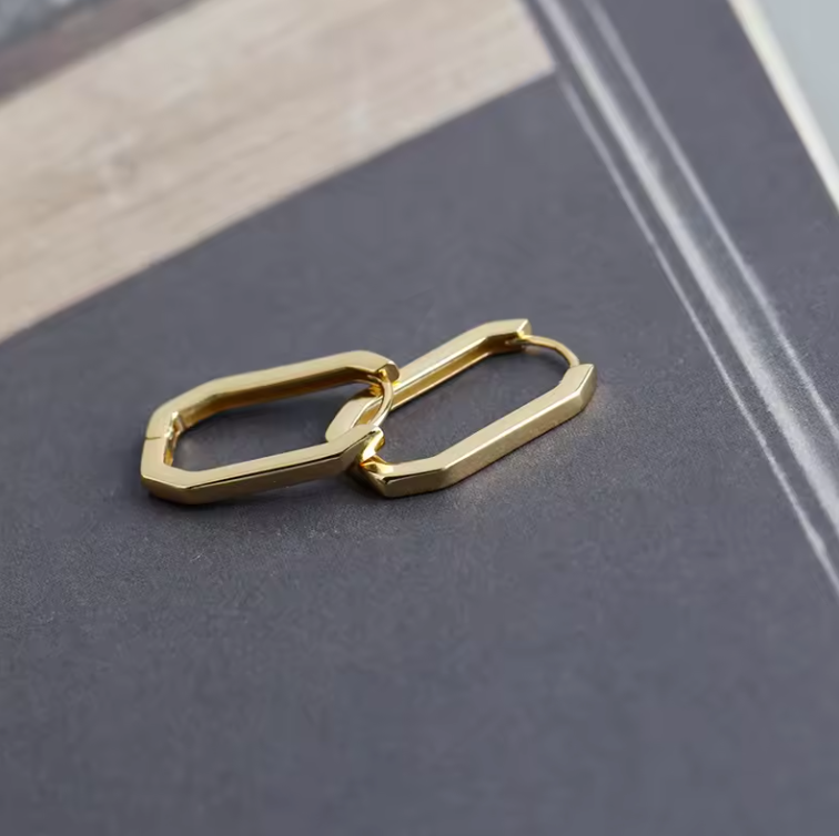 Square drop hoops gold side view