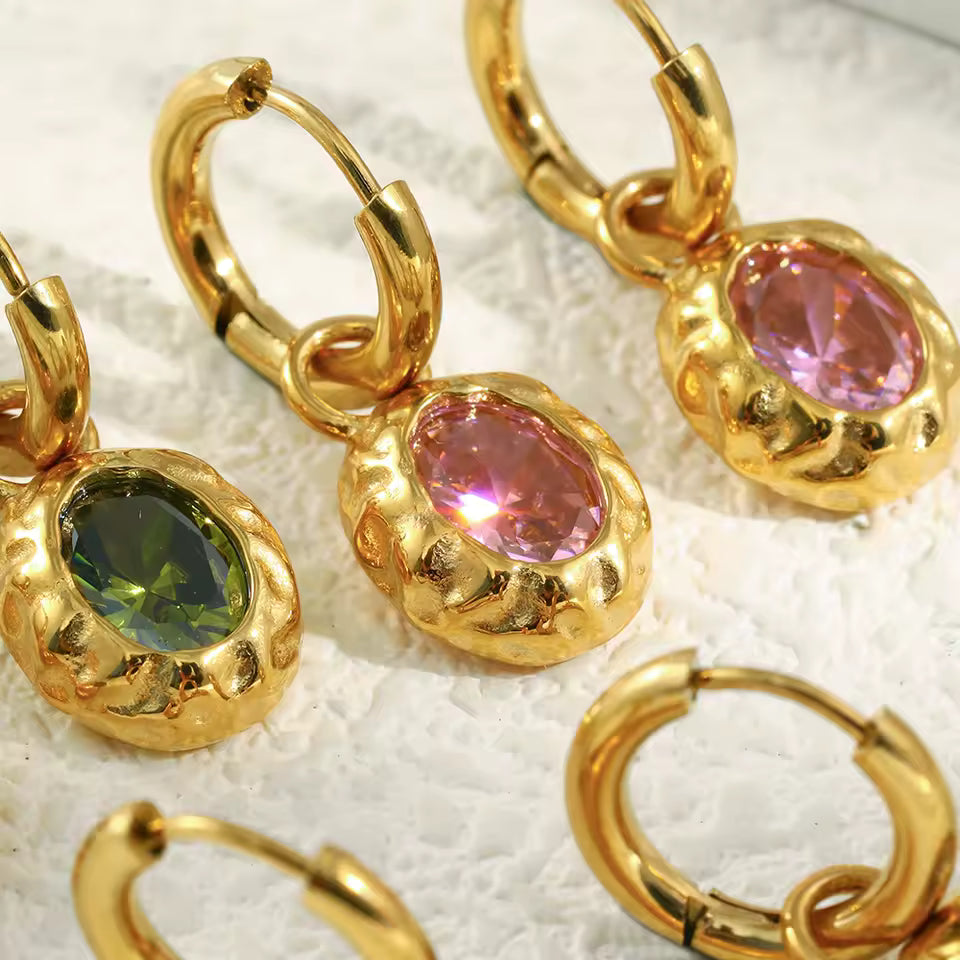 Hammered oval gem hoops
