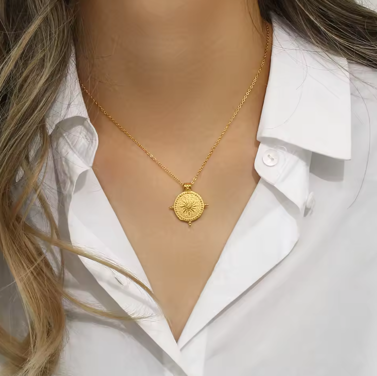 embossed sun necklace model shot