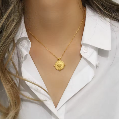 embossed sun necklace model shot