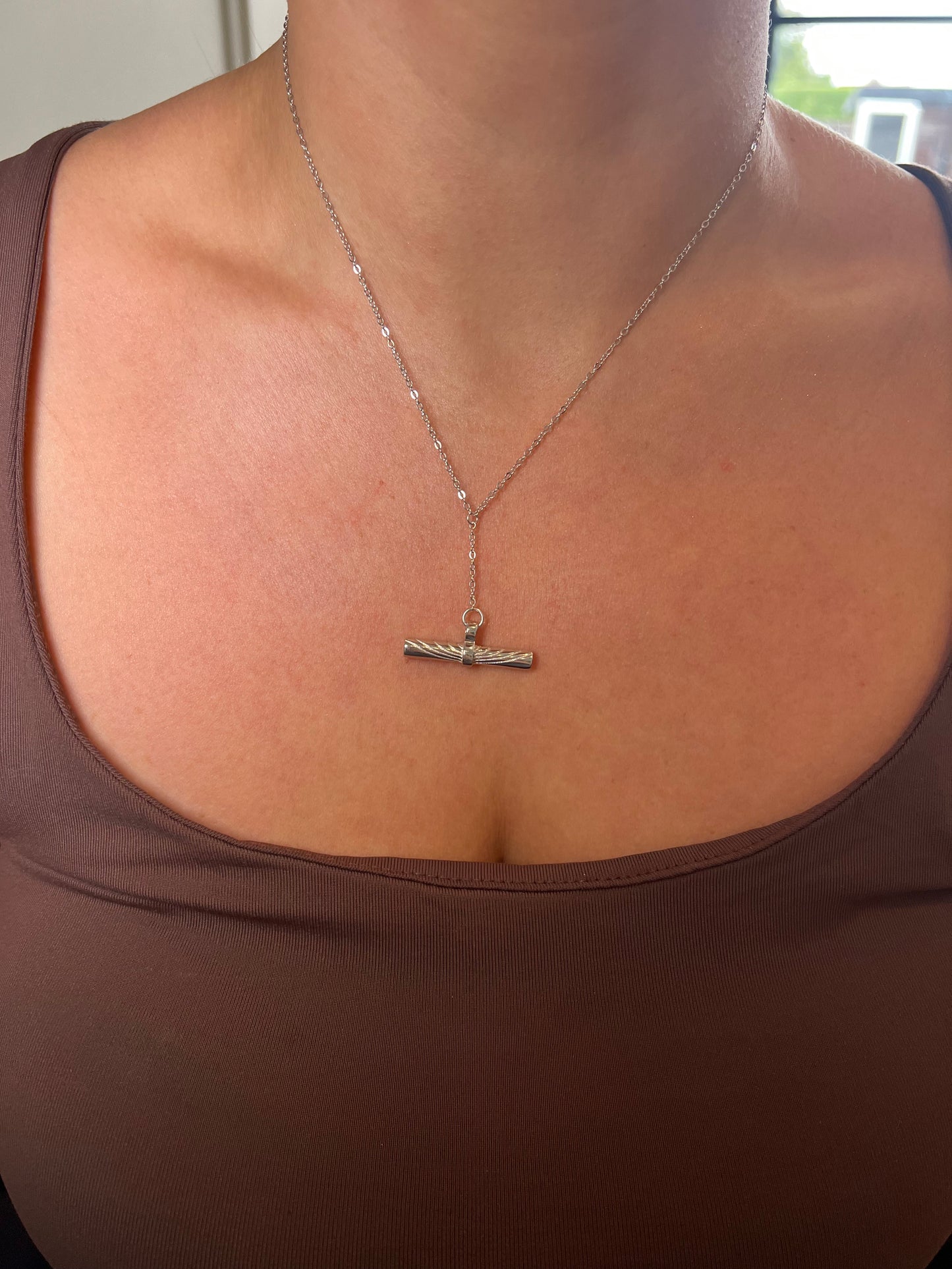 Sterling Silver Etched T-Bar Pendant Necklace
