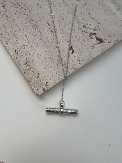Sterling Silver Etched T-Bar Pendant Necklace