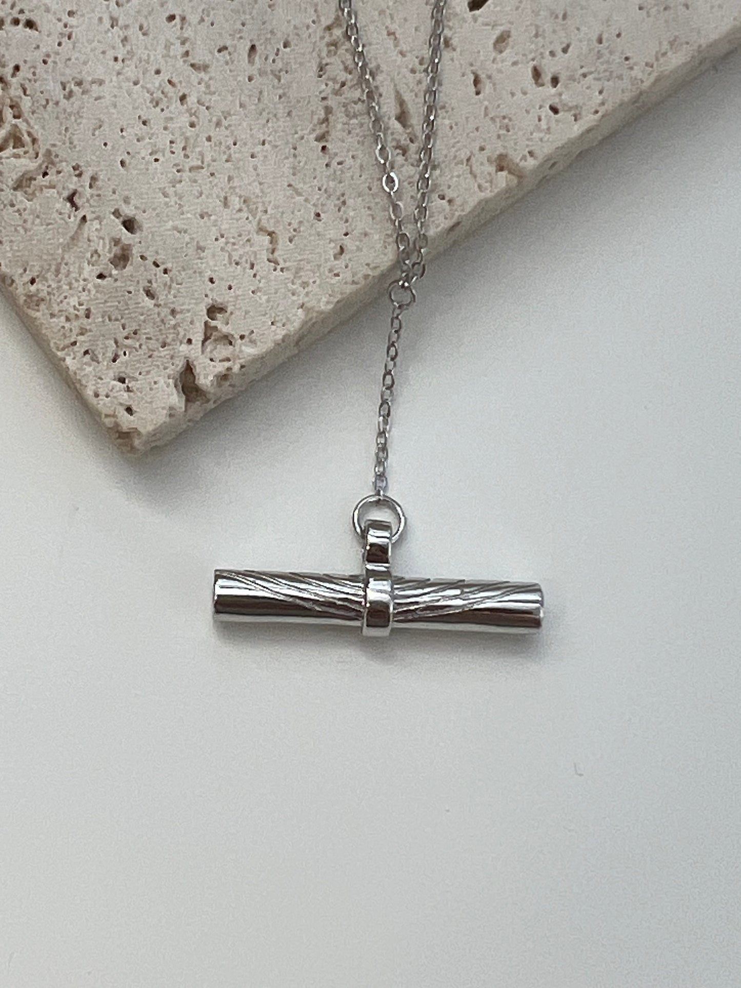 Sterling Silver Etched T-Bar Pendant Necklace