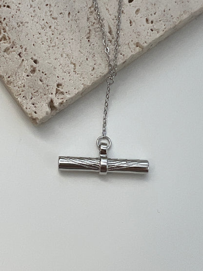 Sterling Silver Etched T-Bar Pendant Necklace