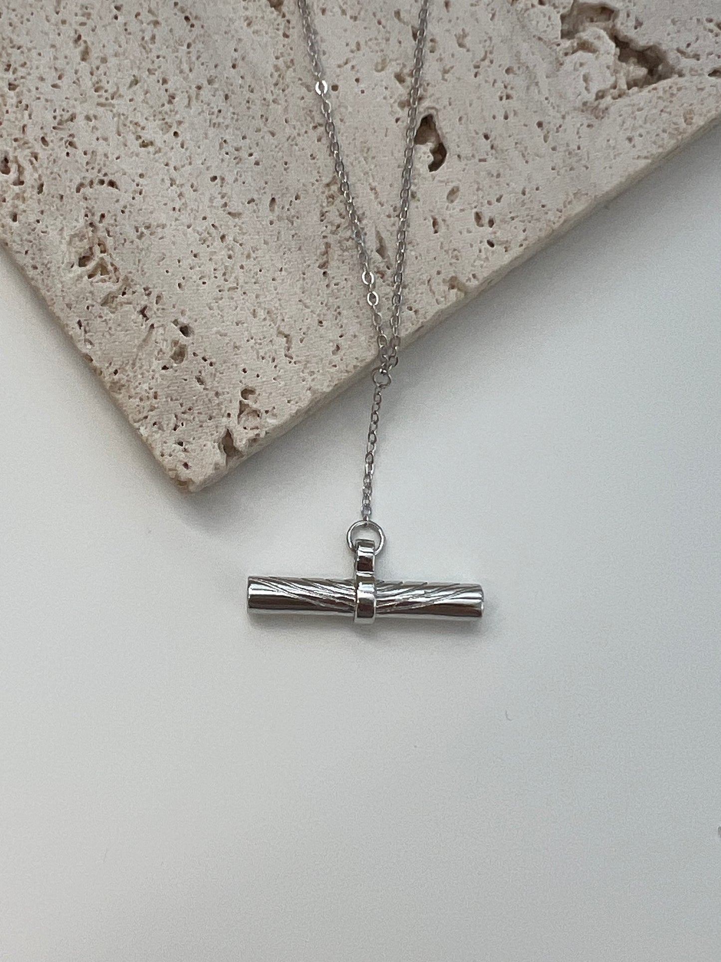 Sterling Silver Etched T-Bar Pendant Necklace