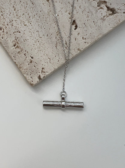 Sterling Silver Etched T-Bar Pendant Necklace